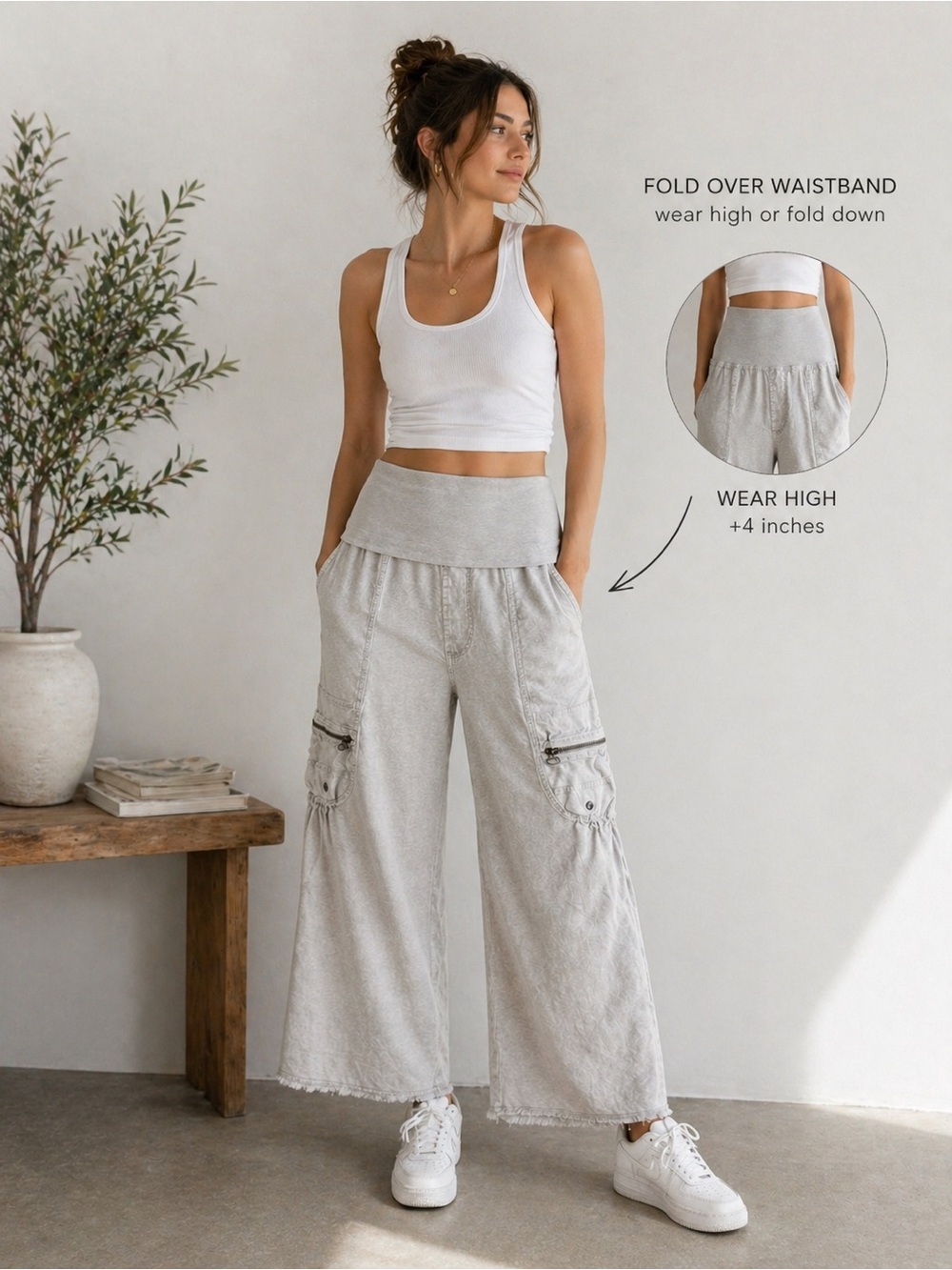 Wearables Modern Fold-Over Waist Wide Leg Crop Cargo Pants - Light Gray Capsule